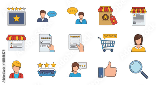Vector Icons Set of Colorful flat line icon set for customer reviews user feedback and ecommerce ratings featuring stars people and shopping symbols. EPS Editable