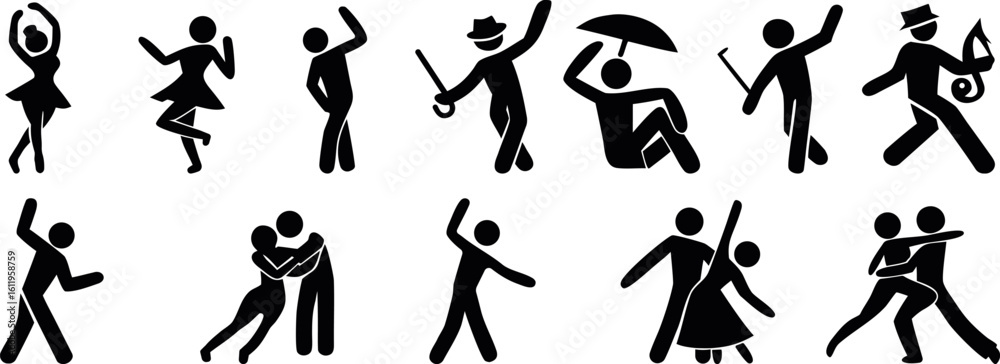 Fototapeta premium Diverse Stick Figures Demonstrating Various Activities and Poses, Simple Pictograms