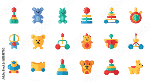 Vector Icons Set of Colorful set of flat design toy icons for children featuring teddy bears rattles and stacking pyramids. EPS Editable