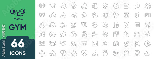 Gym and Fitness Line Icon Set. Set of 66 outline icons featuring workout, exercise equipment, bodybuilding, cardio, training, sports, and healthy lifestyle. Editable stroke. Linear vector illustration