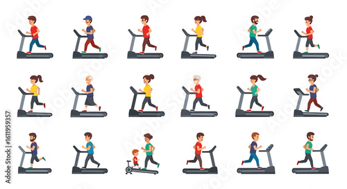 Vector Icons Set of Diverse cartoon characters running on treadmills Set of men women elderly and child exercising in flat style. EPS Editable