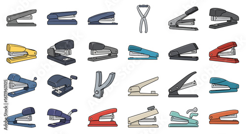 Vector Icons Set of Diverse collection of colorful staplers and staple removers in a cartoon illustration style. EPS Editable
