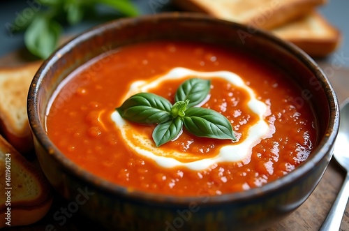 Warm Homemade Tomato Soup Bowl Closeup ai generated
