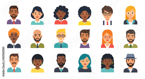 Vector Icons Set of Diverse collection of male and female character portraits and user avatars in a modern flat design style. EPS Editable