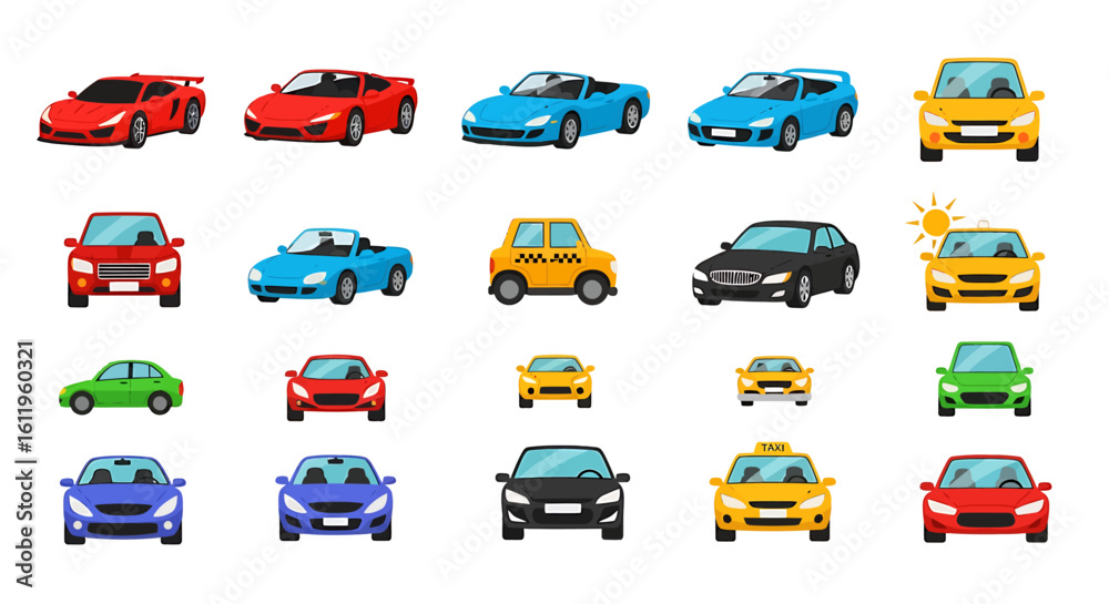 Naklejka premium Vector Icons Set of Diverse set of colorful cartoon car illustrations Includes sports cars sedans convertibles and taxis from front and side perspectives. EPS Editable