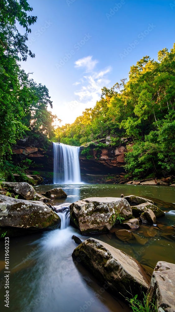 Naklejka premium Waterfall cascading through lush forest