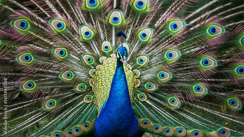 Obraz premium A close-up photograph of a male peacock displaying its fully spread tail feathers in a circular pattern