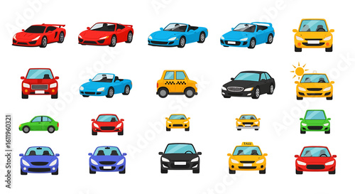Vector Icons Set of Diverse set of colorful cartoon car illustrations Includes sports cars sedans convertibles and taxis from front and side perspectives. EPS Editable