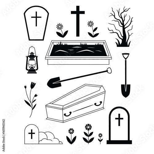 Black and white vector set of burial scene elements including open grave, shovel, lantern, coffin, tombstone, and dead flowers