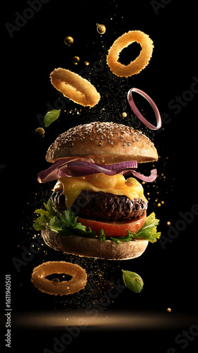 Juicy hamburger deconstructed in mid-air with ingredients flying. Dynamic food explosion on black background