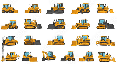 Vector Icons Set of Illustrated set of yellow heavy machinery featuring various bulldozers crawlers and wheel loaders in cartoon style. EPS Editable