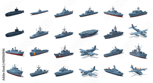 Vector Icons Set of Isometric set of military naval vehicles warships submarines and aircraft. EPS Editable
