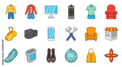 Vector Icons Set of Red Cartoon Armchair with Tufted Back and Star Decorations. EPS Editable