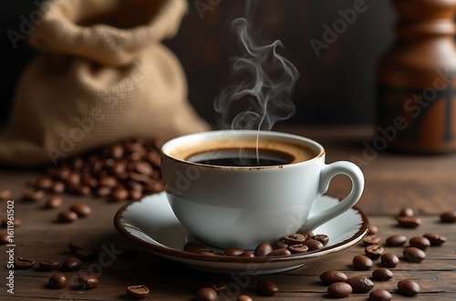 Warm Morning Coffee with Dark Roast Beans and Saucer ai generated