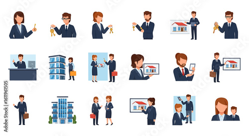 Vector Icons Set of Real estate agent character set Flat vector illustrations of male and female realtors in business suits holding keys showing property and working. EPS Editable