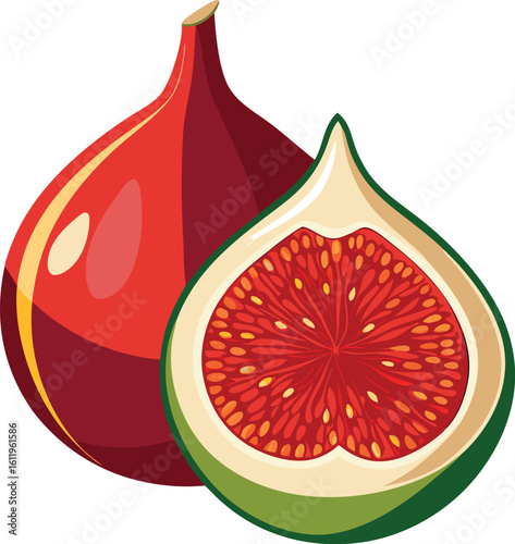 Fresh organic fig cut in half with vibrant red interior and seeds