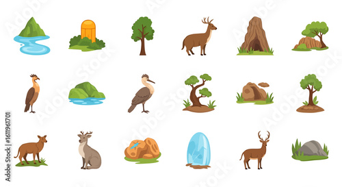 Vector Icons Set of cartoon nature and wildlife illustrations featuring deer birds trees and landscape elements. EPS Editable