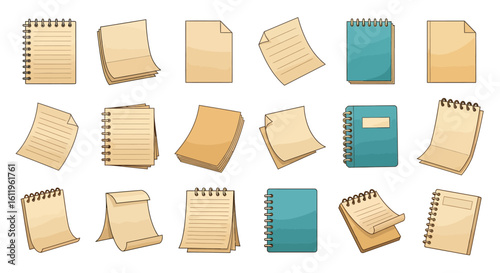 Vector Icons Set of cartoon spiral notebooks and notepads with beige paper and teal covers. EPS Editable