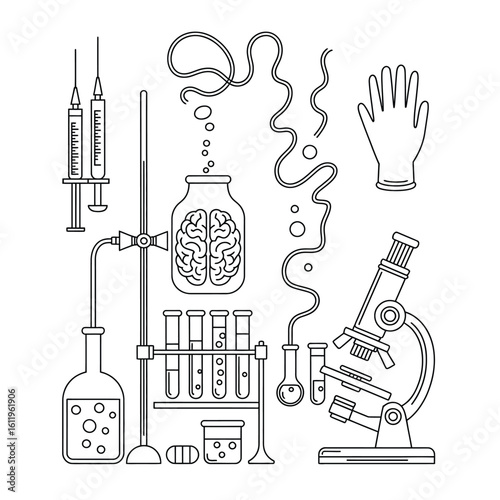 Black and white vector set of mad scientist lab kit including syringes, test tubes, brain jar, electric wires, microscope, and gloves