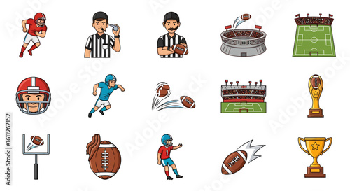 Vector Icons Set of colorful American football icons in a cartoon style featuring players referees stadiums trophies and equipment. EPS Editable