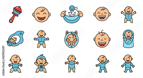 Vector Icons Set of colorful cartoon baby icons Cute newborn infants happy faces toys and care accessories in a filled outline style. EPS Editable