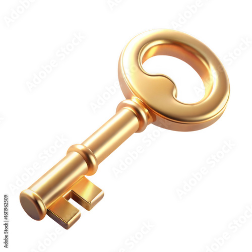 3d antique golden key isolated on transparent background
