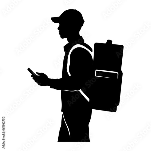 Black silhouette of a courier with a square thermal backpack and phone, side view, without background