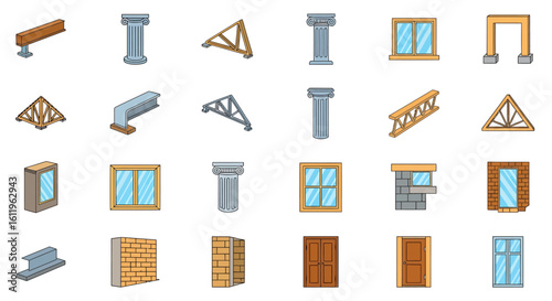 Vector Icons Set of colorful cartoon icons showing architectural and construction elements like beams columns trusses windows and doors in an isometric style. EPS Editable