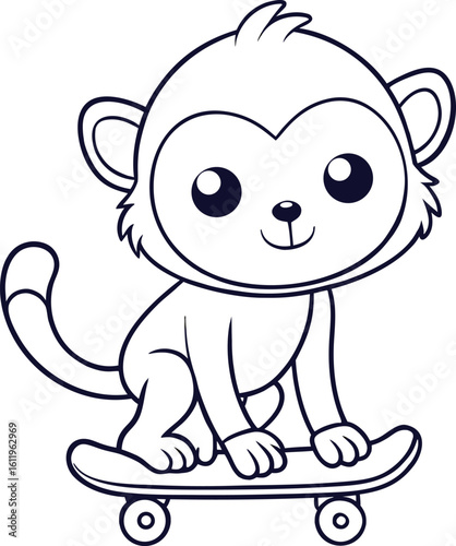 Adorable cartoon monkey with big eyes skillfully riding a skateboard with a playful expression and a curved tail