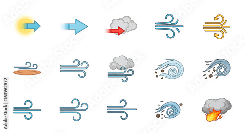Vector Icons Set of colorful cartoon icons representing wind airflow breeze gusts and related weather phenomena like storms dust devils and wildfire smoke. EPS Editable
