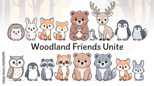 A cute cartoon illustration of 15 woodland animals arranged in two rows against a light gray background