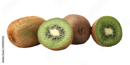 Freshly cut kiwis fruits set off against a PNG backdrop