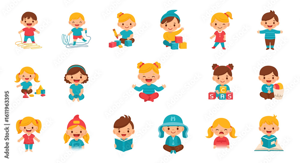 Fototapeta premium Vector Icons Set of cute cartoon children characters Happy boys and girls playing reading and showing various emotions Vector illustration. EPS Editable