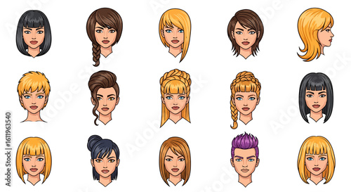 Vector Icons Set of diverse cartoon character heads with various modern hairstyles haircuts and colors. EPS Editable
