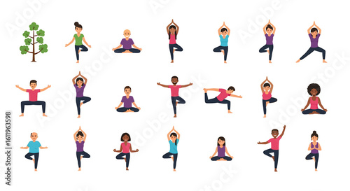 Vector Icons Set of diverse cartoon people men and women practicing various yoga poses and asanas. EPS Editable