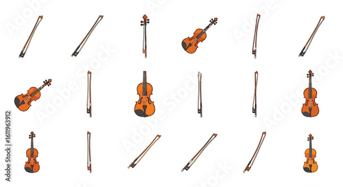 Vector Icons Set of illustrated classical violins and bows from multiple perspectives showcasing various angles and views of the wooden string instruments. EPS Editable