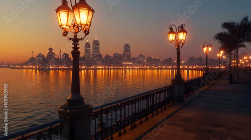 Evening city skyline reflected in calm water, lit by warm streetlamps and palm trees.  A walkway leads to the distant illuminated cityscape