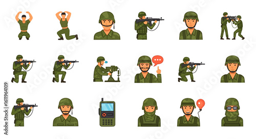 Vector Icons Set of military soldier character icons in flat cartoon style Army men in green camouflage uniforms training in combat and as avatars with various gear. EPS Editable