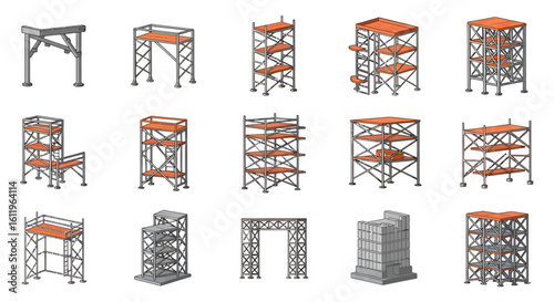 Vector Icons Set of Metal and Wood Scaffolding Towers Platforms and Stage Truss Systems in an Isometric Cartoon Style. EPS Editable