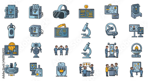 Vector Icons Set of modern flat design icons depicting technology science and innovation concepts like 3D printing VR and research. EPS Editable