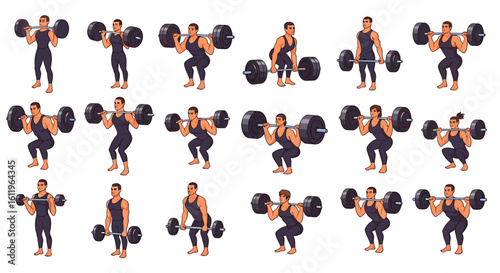Vector Icons Set of muscular cartoon characters in workout gear performing various barbell exercises including squats deadlifts and curls. EPS Editable