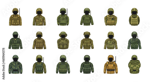 Vector Icons Set of modern soldier avatars in various camouflage uniforms and tactical gear. EPS Editable