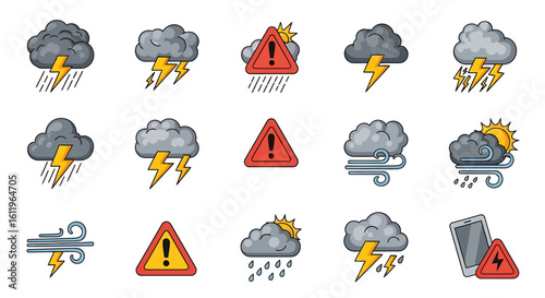 Vector Icons Set of severe weather forecast icons including thunderstorms rain wind and alert symbols in a flat cartoon style. EPS Editable