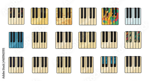 Vector Icons Set of Stylized Piano Keyboard Icon Set with Colorful and Textured Variations. EPS Editable