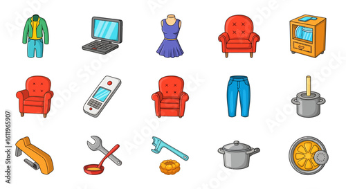 Vector Icons Set of Collection of colorful cartoon household objects and tools A diverse set of flat design icons including furniture clothing electronics and kitchenware illustrat. EPS Editable