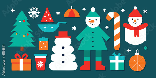 Vector art of a cheerful arrangement of christmas elements like snowmen, trees, gifts, and candy canes in a vibrant flat design.
