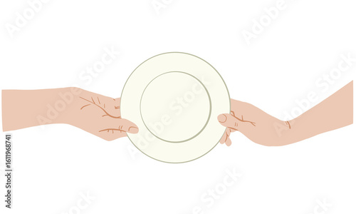 Human Hands Holding Plate Top View Vector Flat Illustration