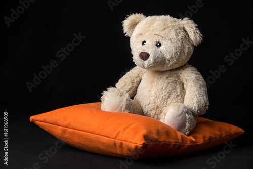 Beige teddy bear sitting on orange cushion stuffed animal
