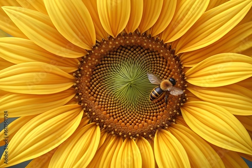 Bee pollinating a vibrant yellow sunflower close up