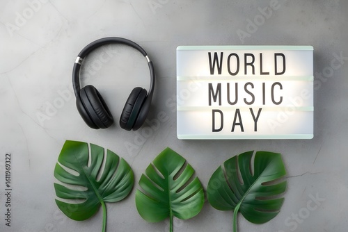 Black headphones and monstera leaves next to lightbox sign